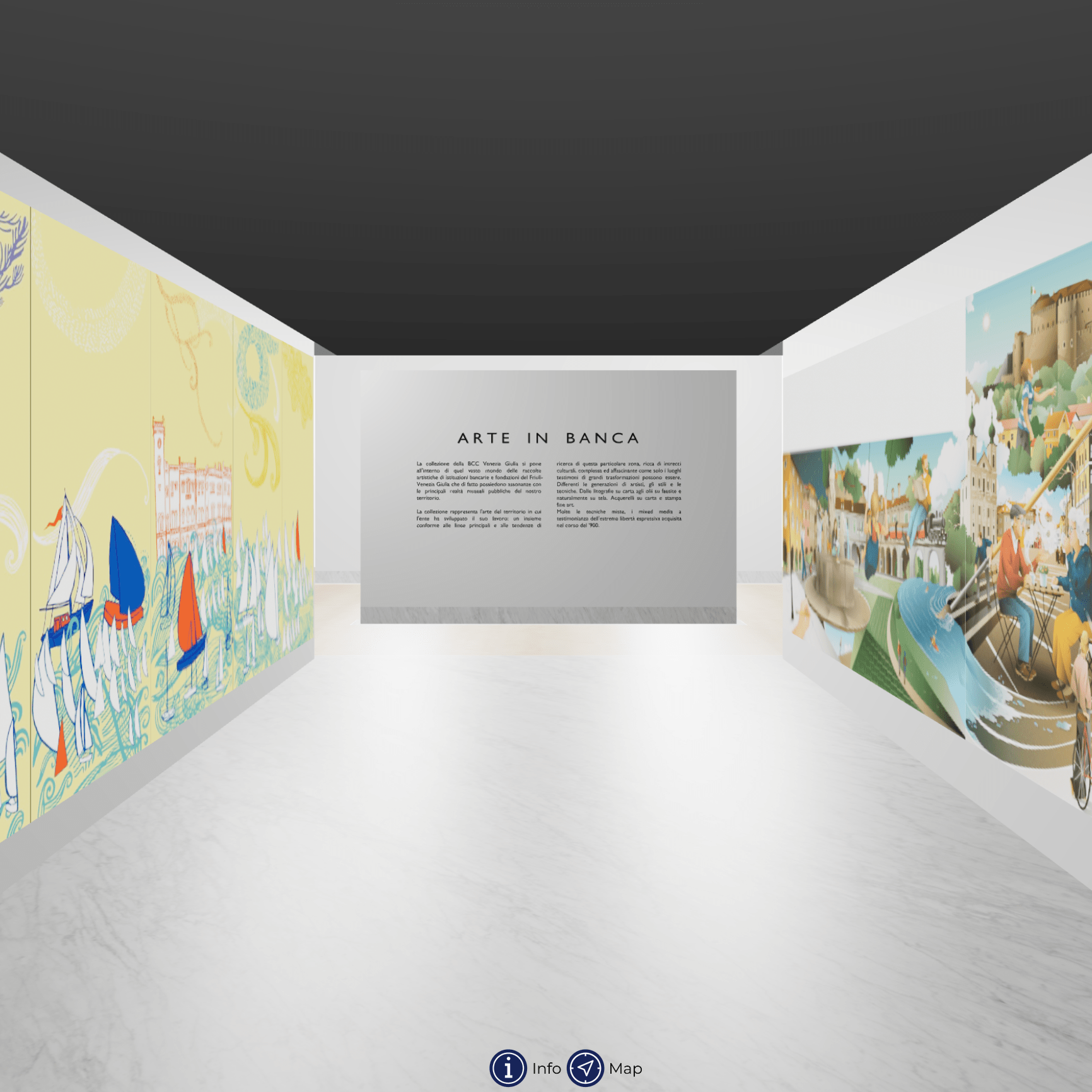 Ingresso della mostra virtuale Arteinbanca, in cui sono visibili un corridoio e due pannelli pittorici