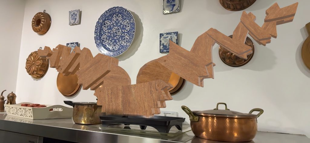 Dynamic sculpture "Sunset" by Bruno Chersicla is added to a kitchen using Augmented Reality
