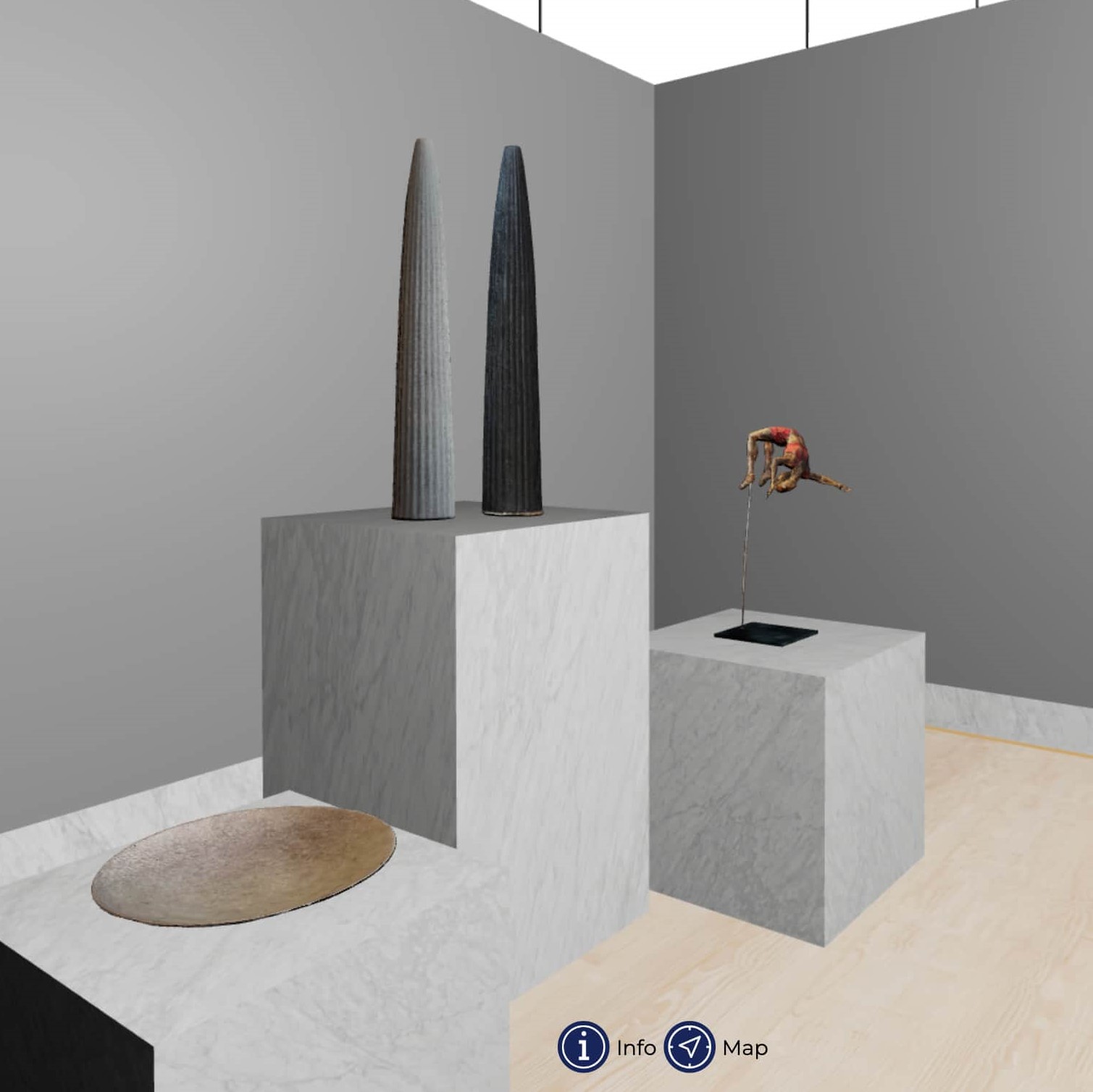 Sala di un museo virtuale, contenente le fotogrammetrie di un piatto, due vasi, e una piccola scultura bronzea