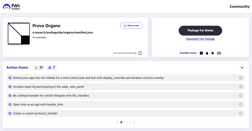 PWABuilder report card for our audio-guide demo